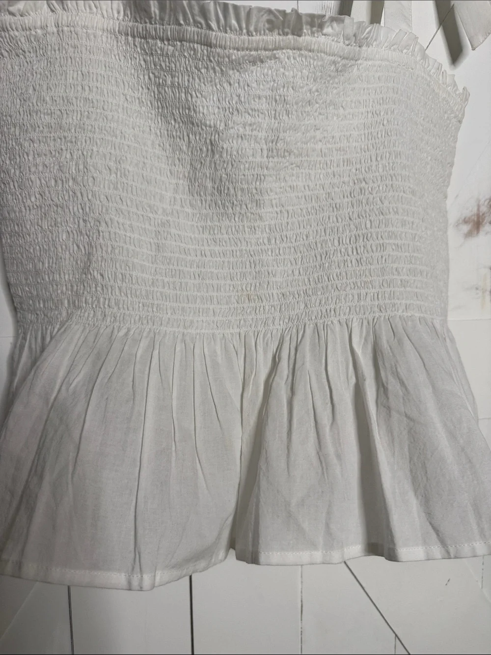 J. Crew White Smocked Tie-Shoulder Peplum Tank